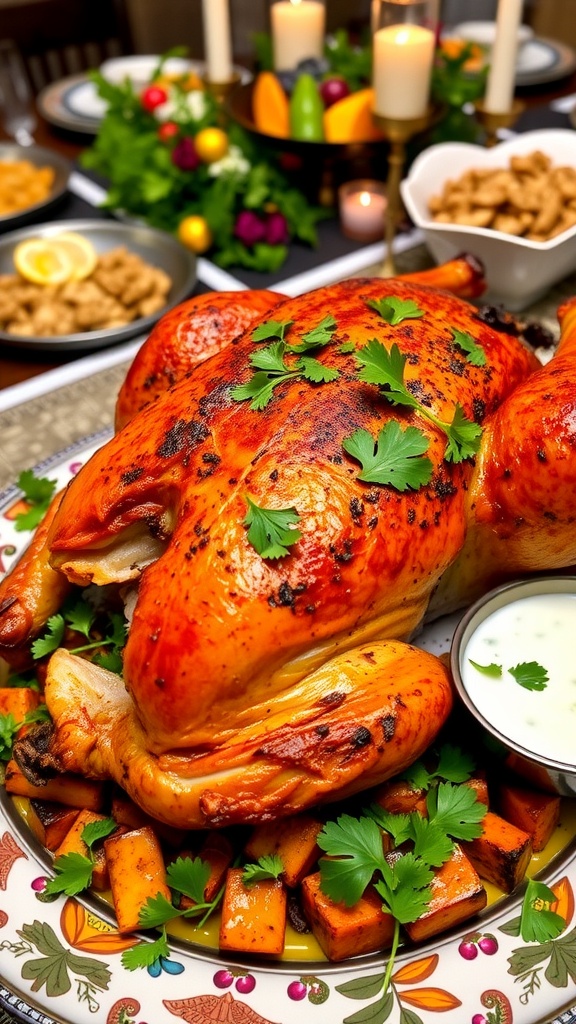 A roasted tandoori-spiced turkey with cilantro garnish, yogurt sauce on the side, and a festive table setting.